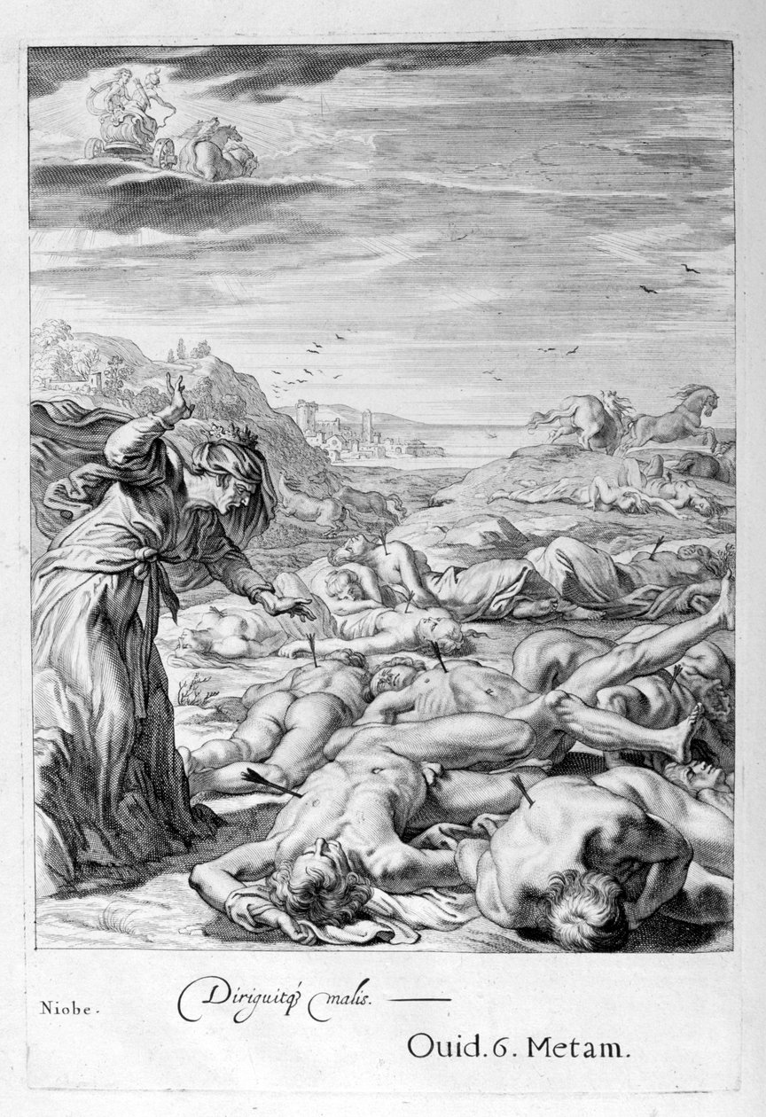 Apollo og Diana dreper Niobes barn med pilene sine: hun blir til stein, 1655 av Michel de Marolles