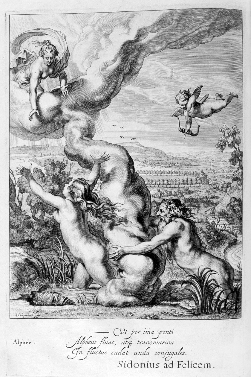 Arethusa forfulgt av Alpheus og omgjort til en fontene, 1655 av Michel de Marolles