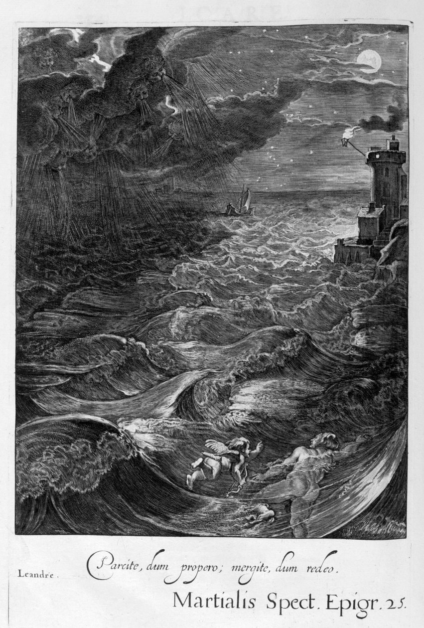 Leander svømmer over Hellespont for å møte sin elskerinnehelt, 1655 av Michel de Marolles
