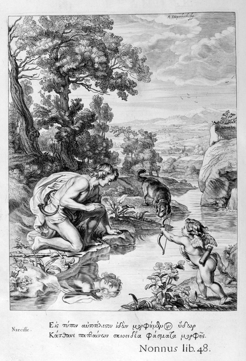 Narcissus forelsket i sin egen refleksjon, 1655 av Michel de Marolles