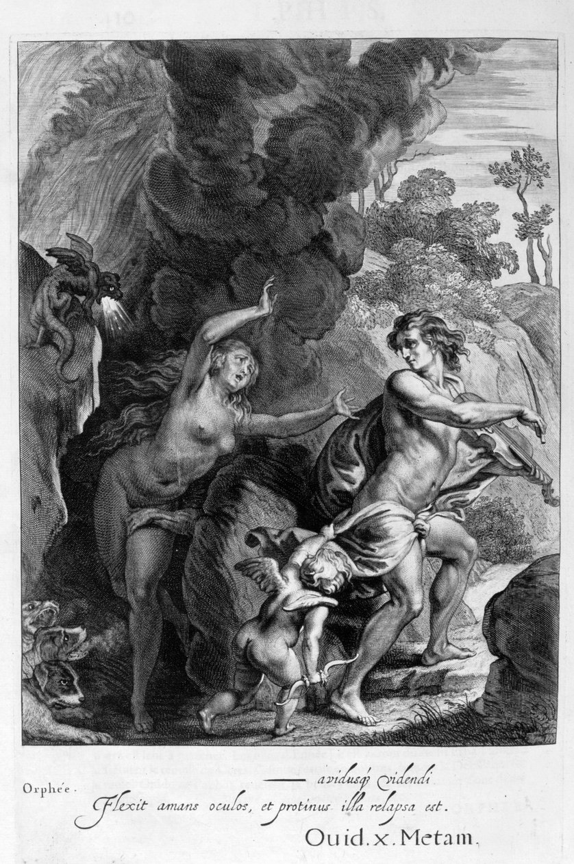 Orfeus, som leder Eurydike ut av helvete, ser tilbake på henne og mister henne for alltid, 1655 av Michel de Marolles