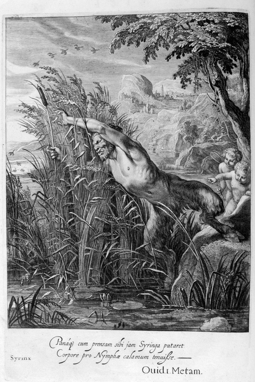 Pan forfølger Syrinx som blir forvandlet til et siv, 1665 av Michel de Marolles