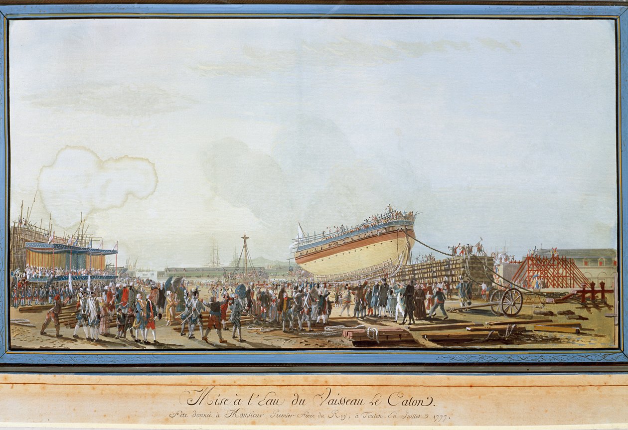 Lanseringen av skipet Le Caton i havnen i Toulon i nærvær av greven av Provence i juli 1777 (Gouache av Michel de Toulon