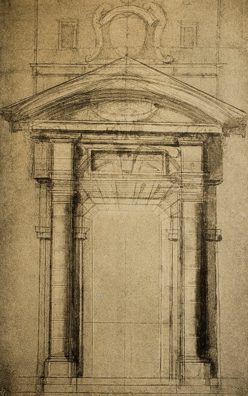 Arkitektonisk skisse av en dør overbygd av et våpenskjold; tegning av Michelangelo. Casa Buonarroti, Firenze av Michelangelo Buonarroti