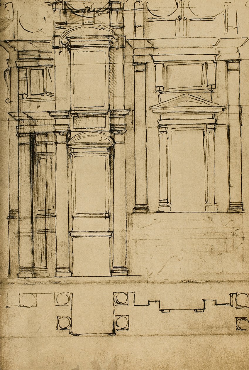 Arkitektonisk studie for Medici-kapellene i basilikaen San Lorenzo; tegning av Michelangelo. Casa Buonarroti, Firenze av Michelangelo Buonarroti
