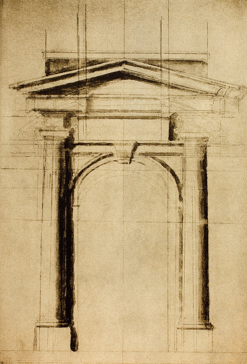 Arkitektonisk studie av en dør med trekantet trommehinne; tegning av Michelangelo. Casa Buonarroti, Firenze av Michelangelo Buonarroti