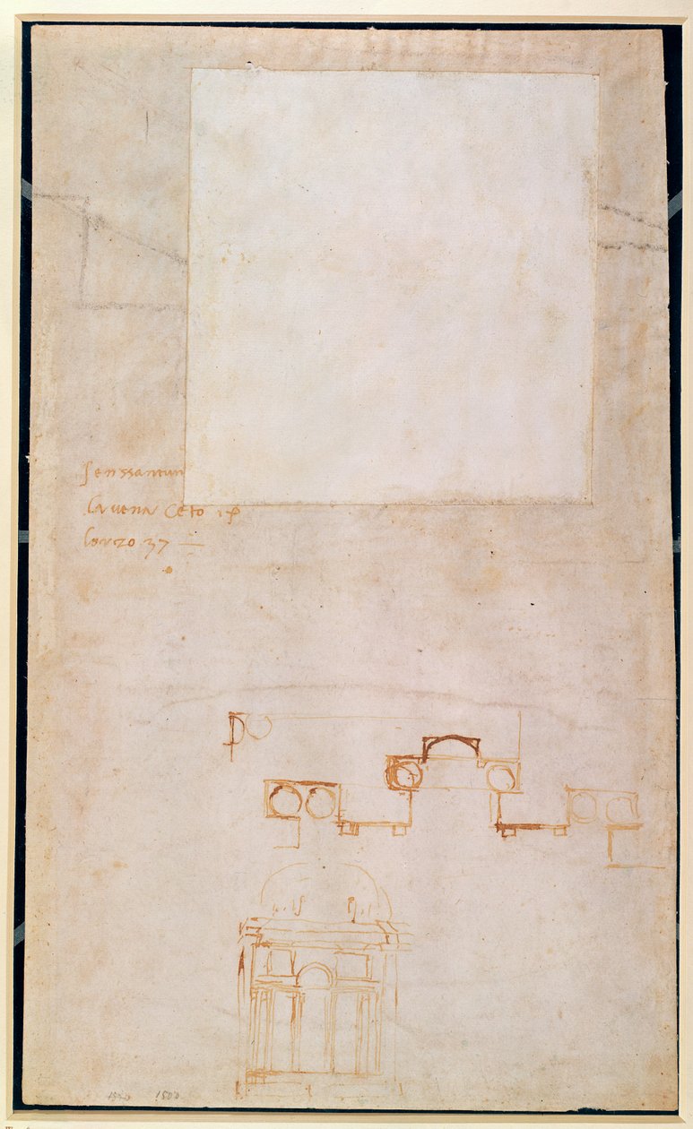 Arkitektonisk studie med notater (brun penn på papir) (recto) av Michelangelo Buonarroti