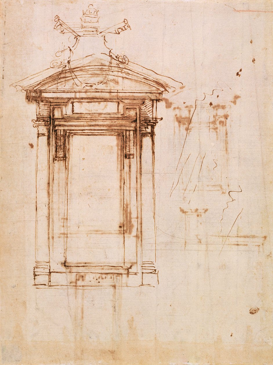 Arkitektonisk studie (brunt blekk på papir med brun vask) (recto) av Michelangelo Buonarroti