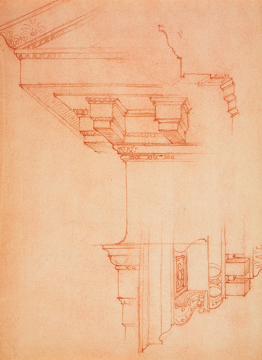 Gesimsstudie; tegning av Michelangelo. Casa Buonarroti, Firenze av Michelangelo Buonarroti