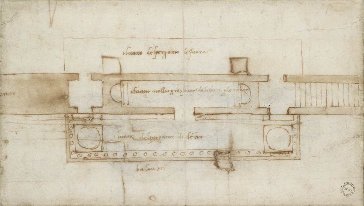 Design for et relikviekammer, 1500-tallet (rødt kritt på papir) av Michelangelo Buonarroti