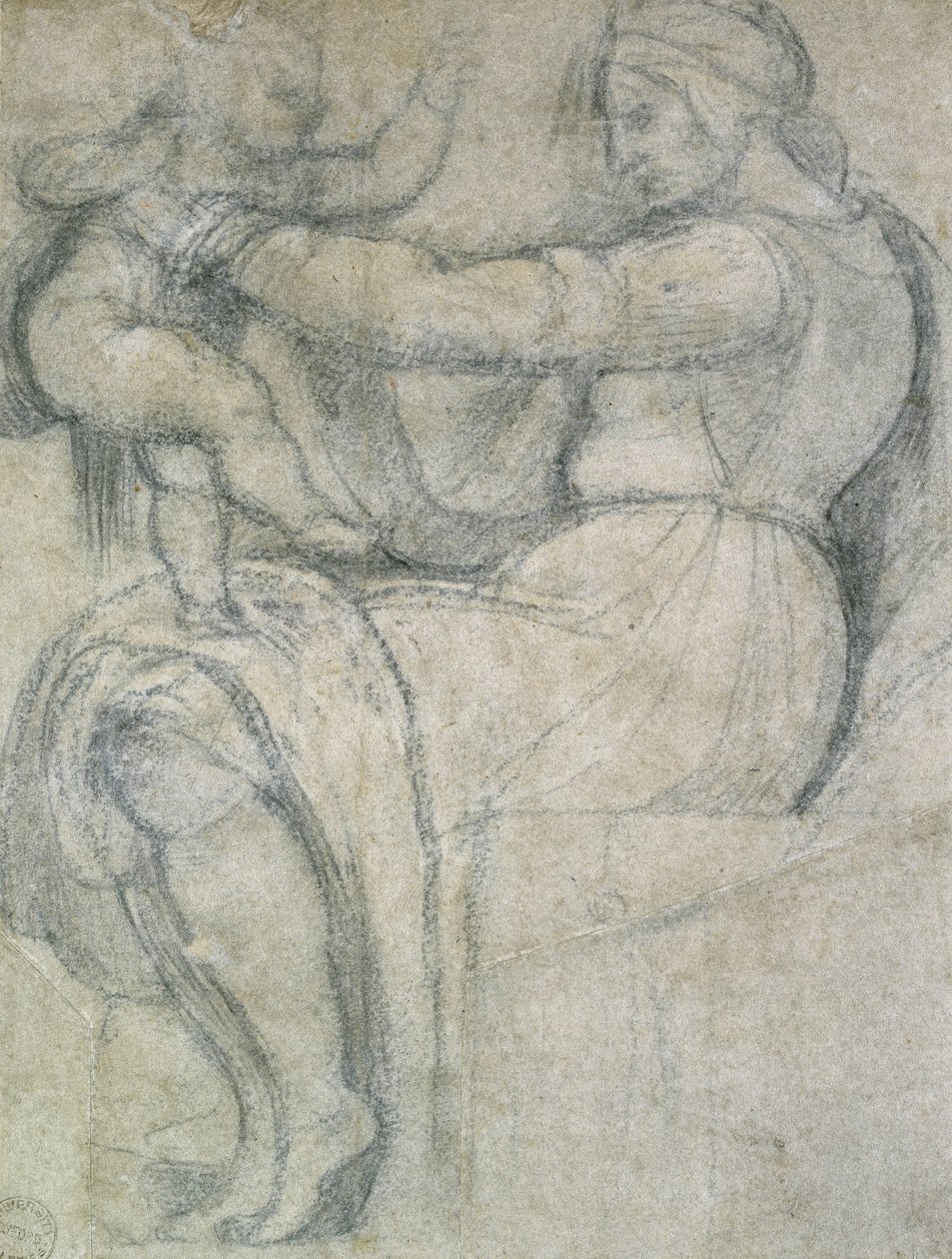 Detalj fra det sixtinske taket (svart kritt med innslag av hvitt kritt på blekt brunpapir) av Michelangelo Buonarroti