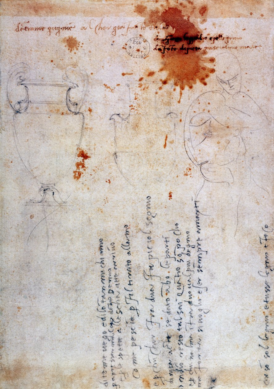 Tegning av en urne og figur med notater (brunt blekk og blyant på papir) (verso) av Michelangelo Buonarroti