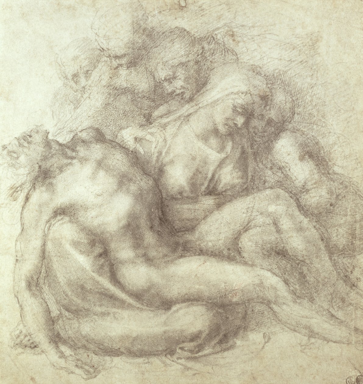 Figurstudie for Lamentation Over the Dead Christ, 1530 (svart kritt på papir) av Michelangelo Buonarroti