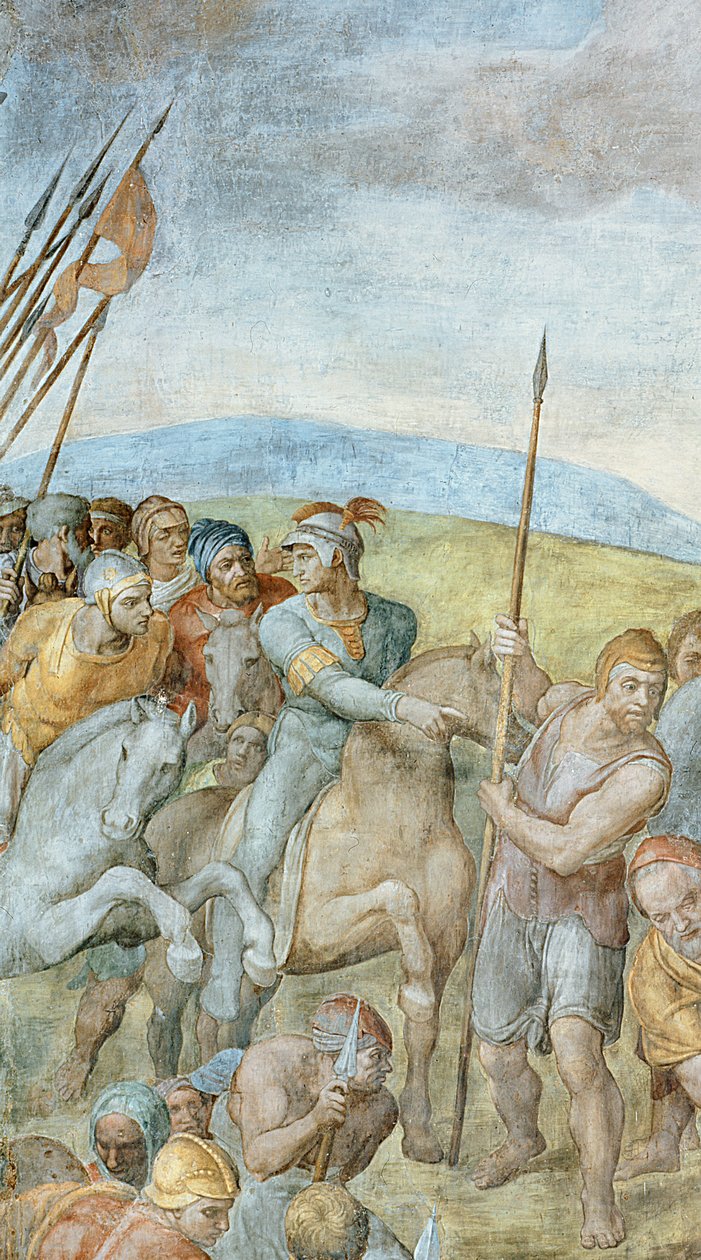 Gruppe romerske soldater med lederen deres peker mot St. Peter på korset, detalj av St. Peters korsfestelse, 1546-50 freskomaleri av PHD 625 av Michelangelo Buonarroti