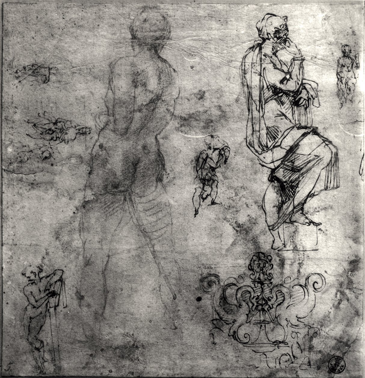 Menneske- og arkitekturstudier (penn og blekk og blyant på papir) av Michelangelo Buonarroti