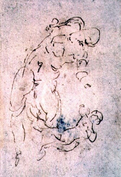 Inv. 1859 6-25-553. R. (W.56) Skisse av liggende hann og barn (rødt kritt) av Michelangelo Buonarroti