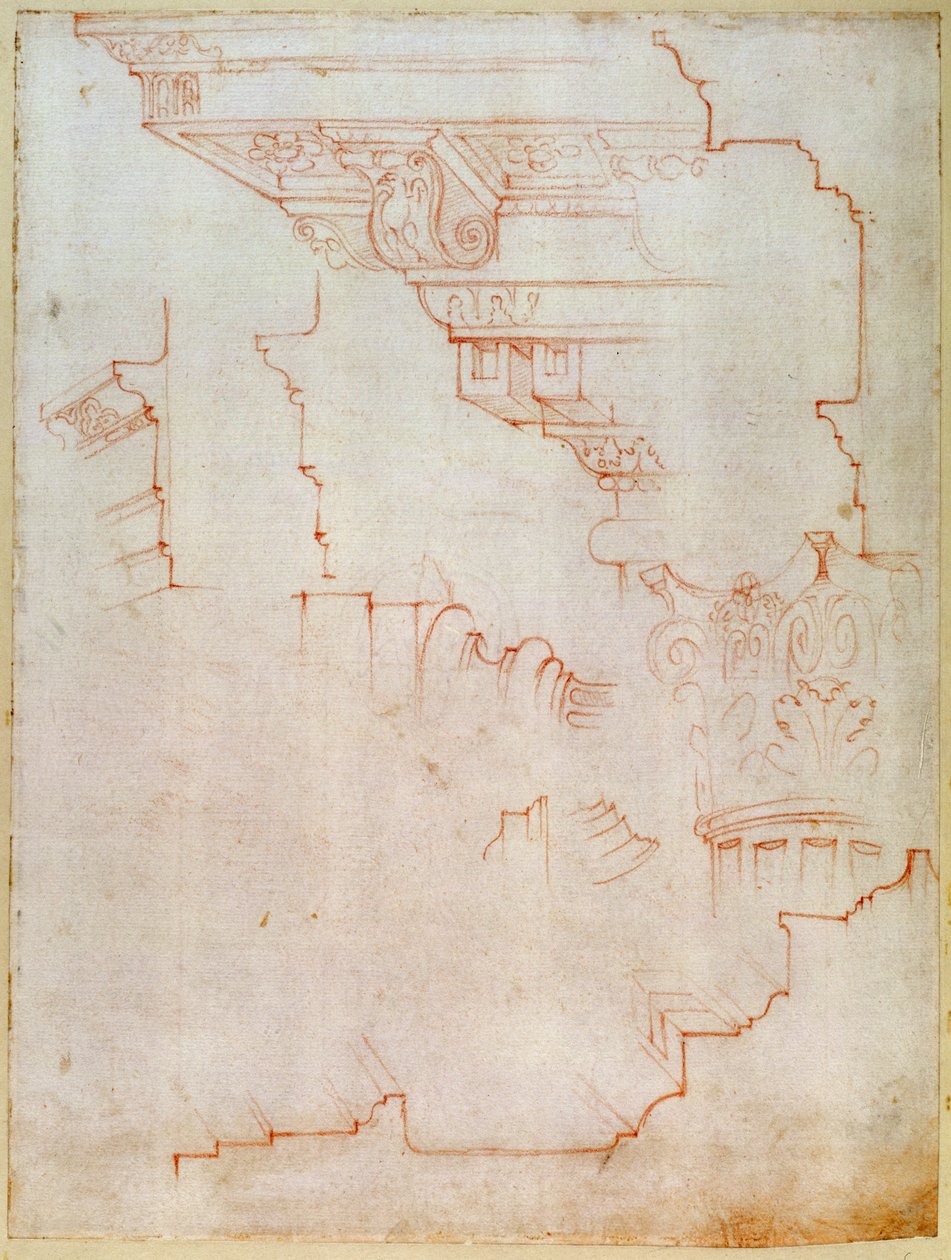 Inv. 1859 6-25-5602. R. (W.19) Tegning av arkitektoniske detaljer (rødt kritt) av Michelangelo Buonarroti