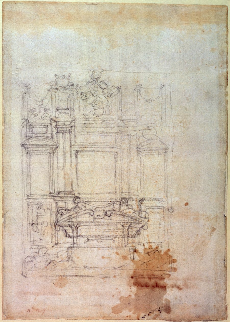 Inv. L859 6-25-823. R. (W.27) Design for en grav (rødt kritt) av Michelangelo Buonarroti