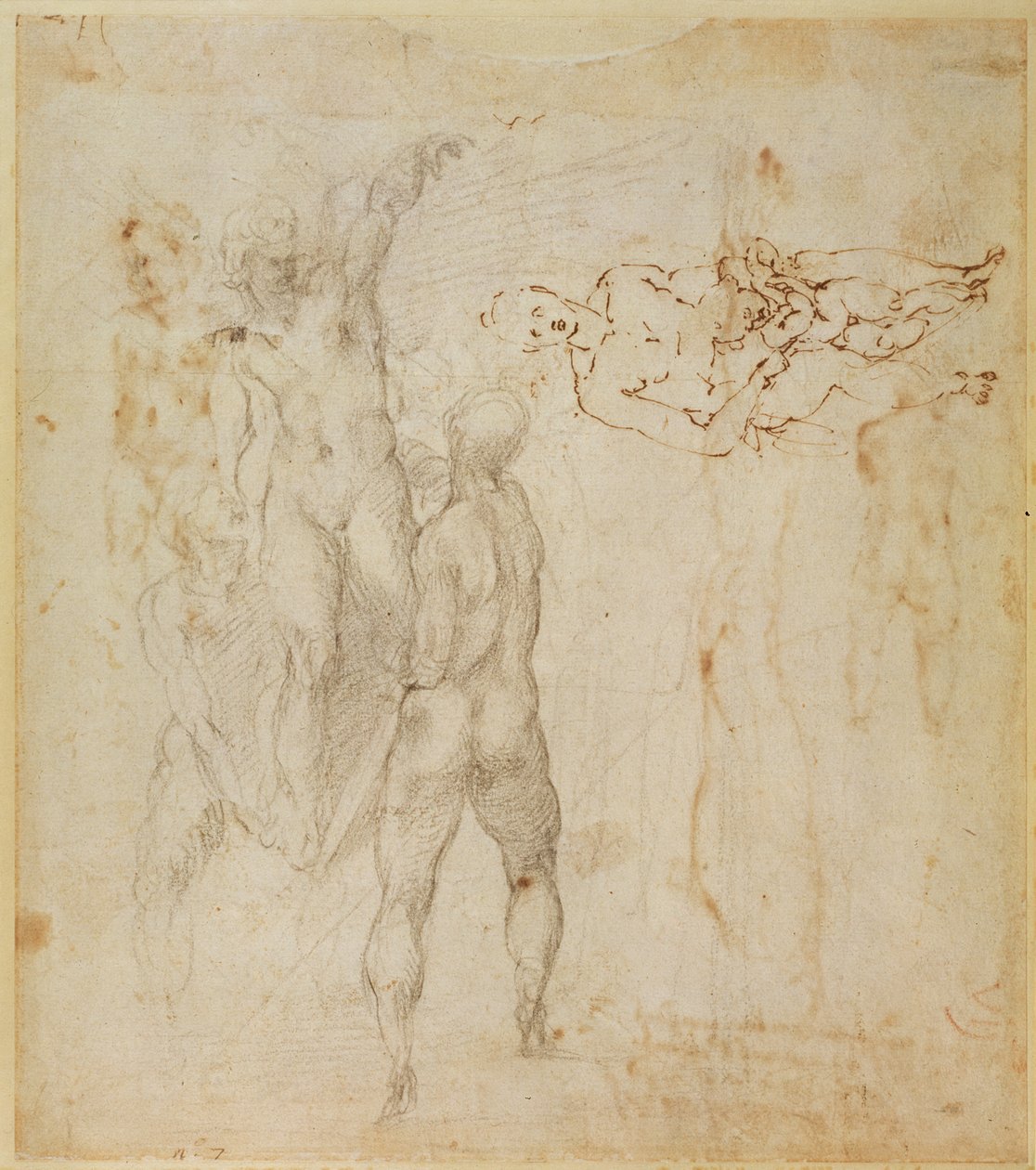 Mannlig gruppe og sittende figur med barn (penn og blekk, kull) av Michelangelo Buonarroti