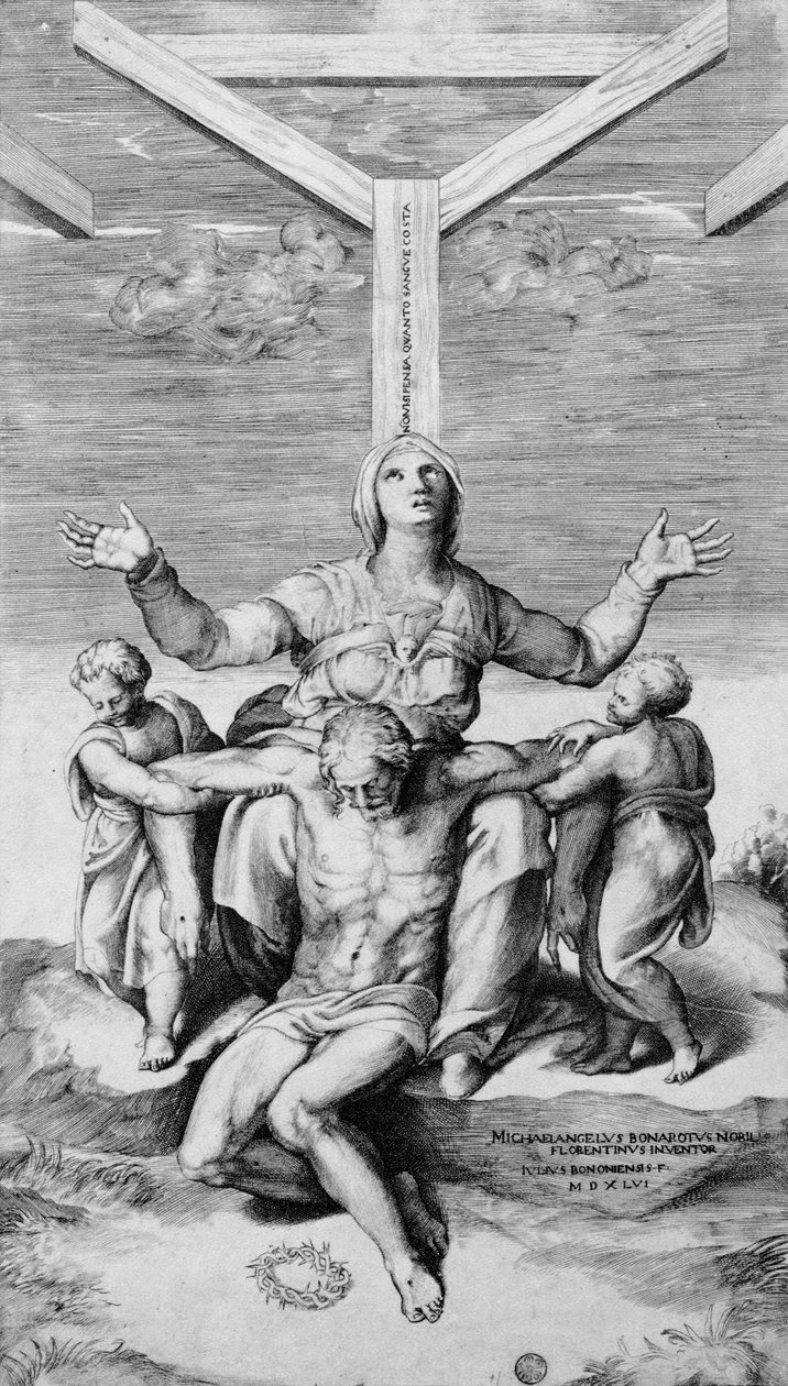 Pieta, gravert av Giulio Bonasone, 1556 av Michelangelo Buonarroti
