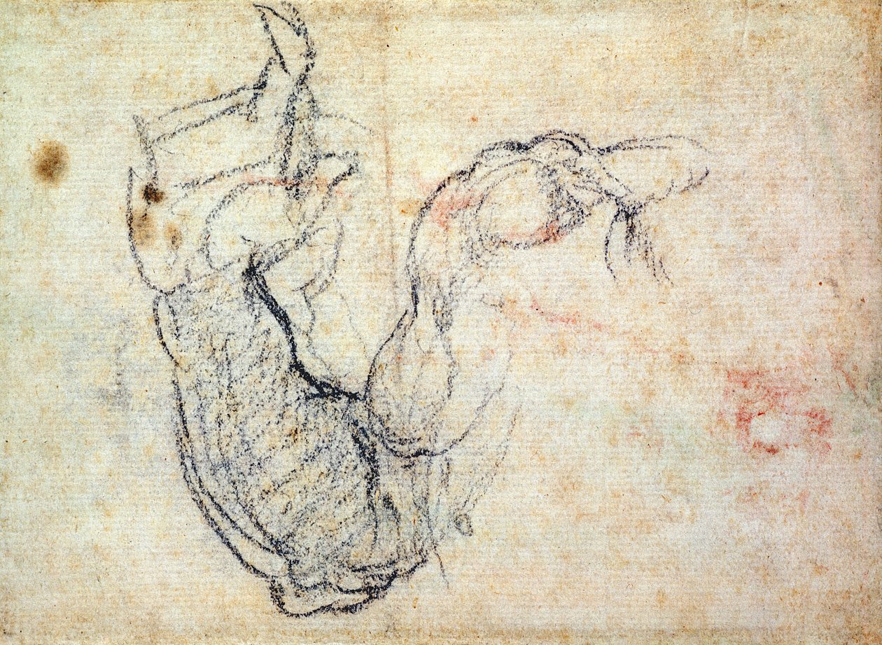 Forberedende studie for Kristi arm i den siste dommen, 1535-41 (svart kritt på papir) (rekto) av Michelangelo Buonarroti