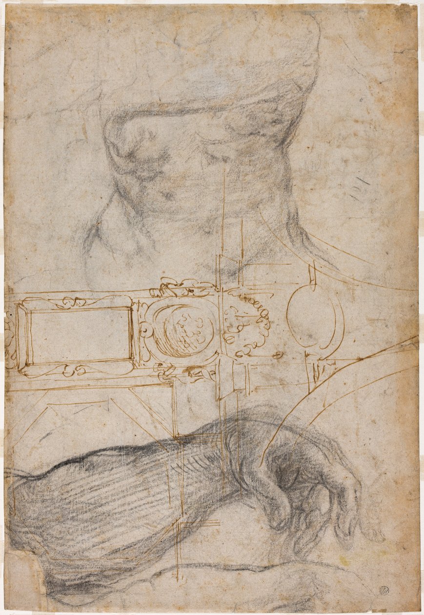 Ordning for dekorasjon av taket i Det sixtinske kapell, ca. 1508 (penn & brunt blekk og svart kritt på kremfarget papir) av Michelangelo Buonarroti