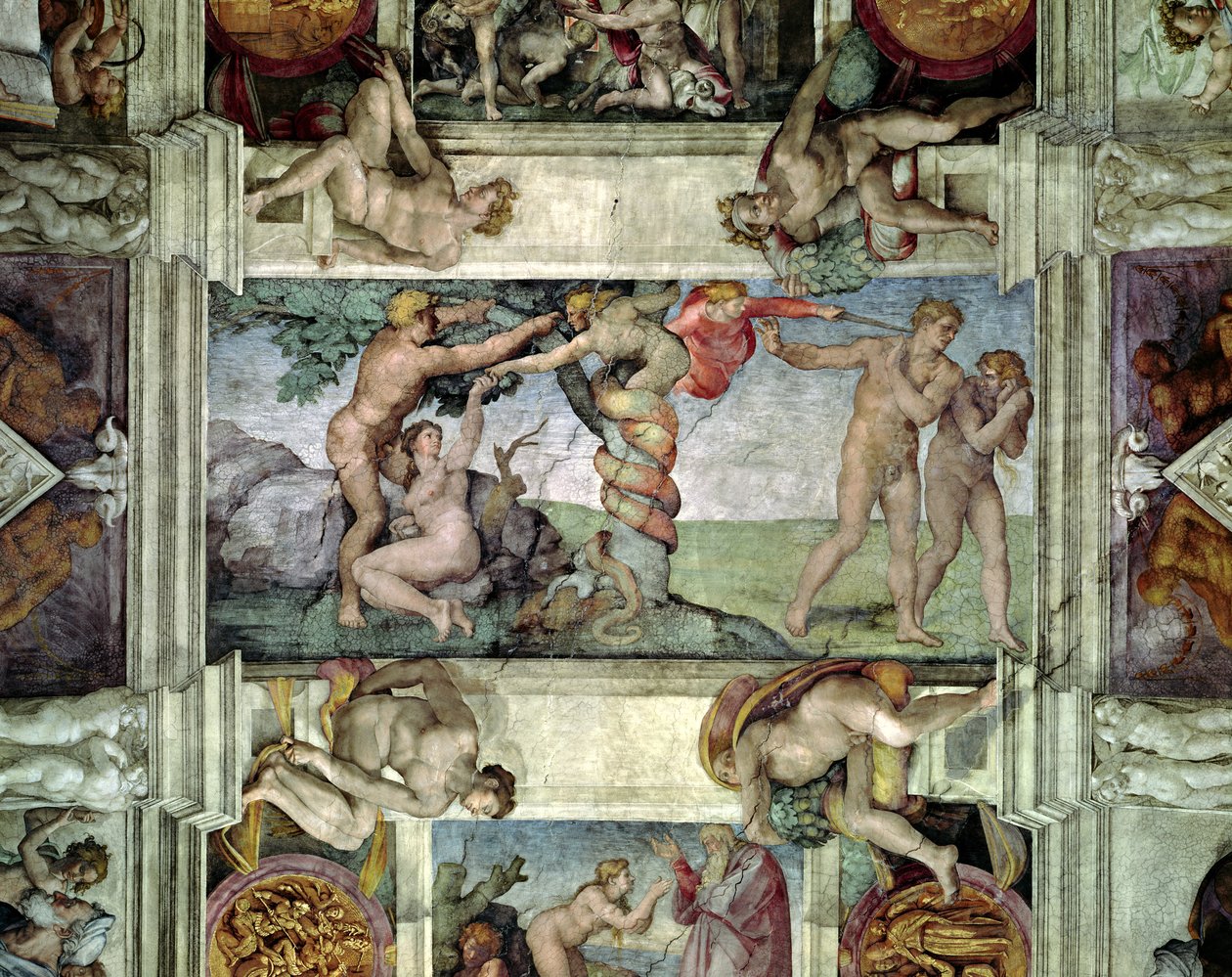 Det sixtinske kapells tak (1508-12): Utvisning av Adam og Eva fra Edens hage (forhåndsrestaurering) av Michelangelo Buonarroti