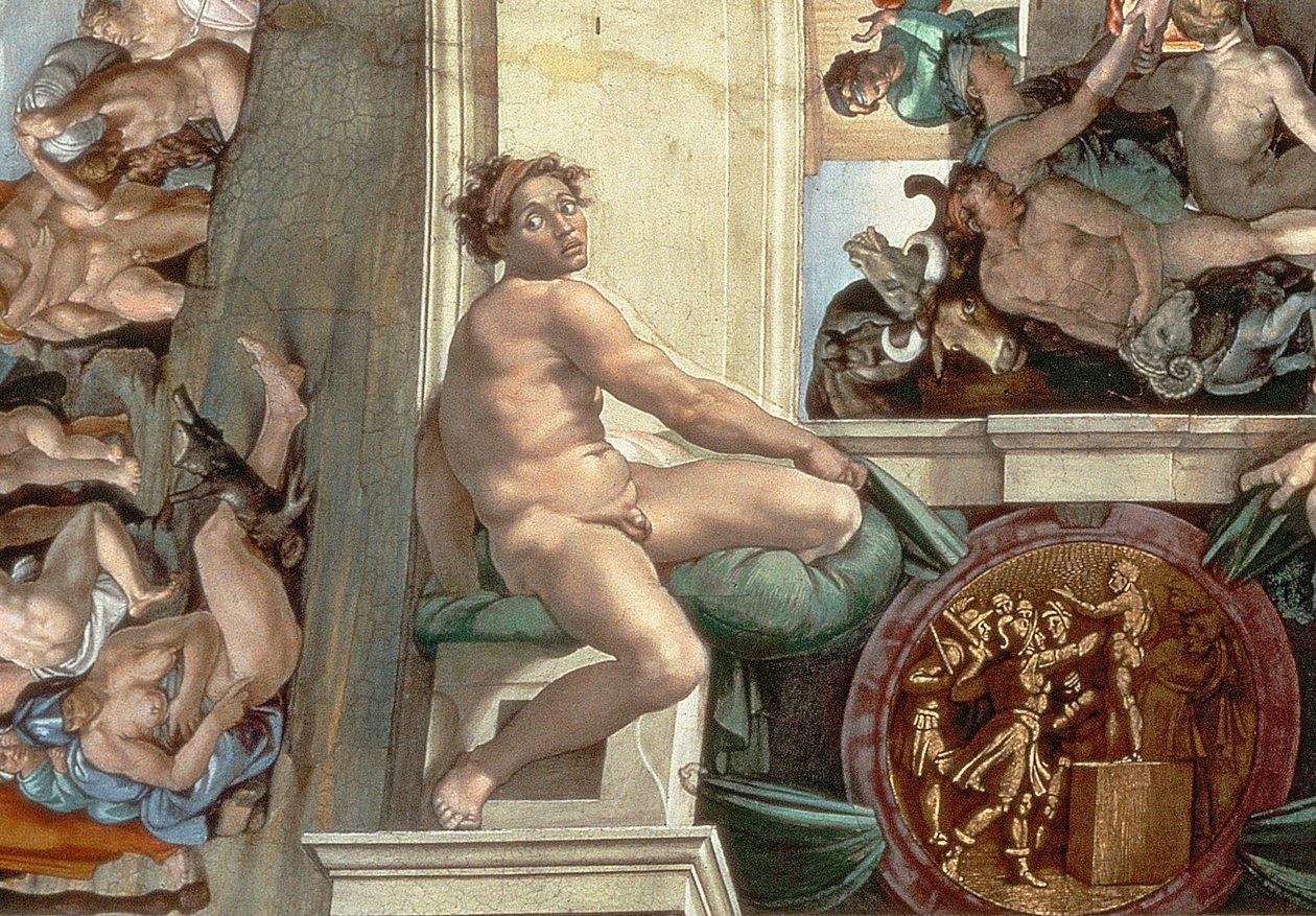 Detalj av det sixtinske kapells tak (1508-12) av en av ignudiene (detalj av 167695) av Michelangelo Buonarroti