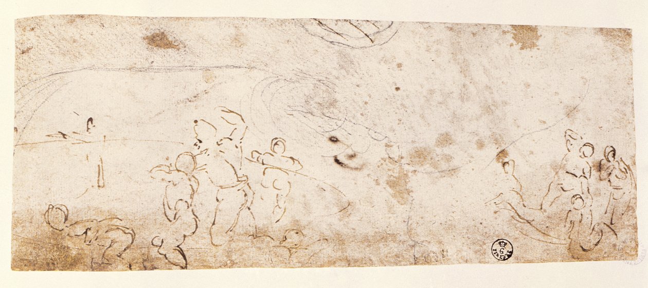 Det sixtinske kapells tak (1508-12): skisse av figurer for "Flommen" (penn og brunt blekk) av Michelangelo Buonarroti