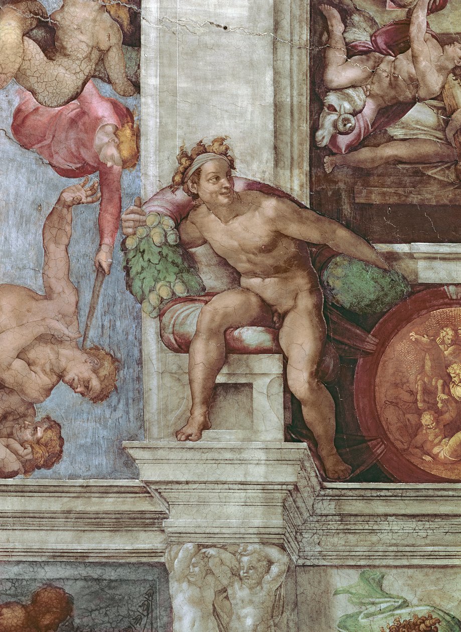 Det sixtinske kapells tak 1508-12: Utvisning av Adam og Eva fra Edens hage freskomaleri fra 571: Ignudo av Michelangelo Buonarroti