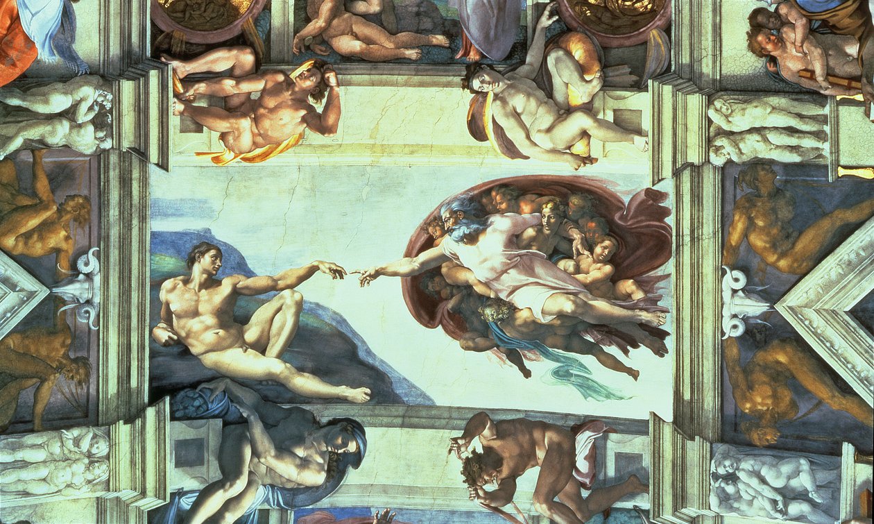 Det sixtinske kapells tak: Creation of Adam, 1510 (etter restaurering) av Michelangelo Buonarroti