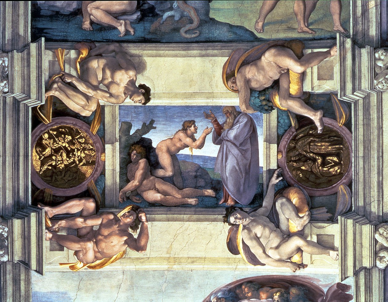 Det sixtinske kapells tak: Creation of Eva, med fire Ignudi, 1510 (etter restaurering) av Michelangelo Buonarroti
