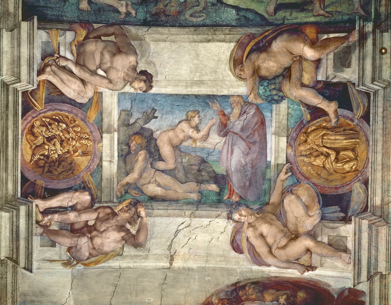 Det sixtinske kapells tak: Creation of Eva, med fire Ignudi, 1510 (forhåndsrestaurering) av Michelangelo Buonarroti