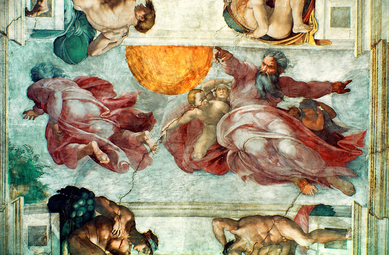Det sixtinske kapells tak: skapelse av solen og månen, 1508-12 av Michelangelo Buonarroti