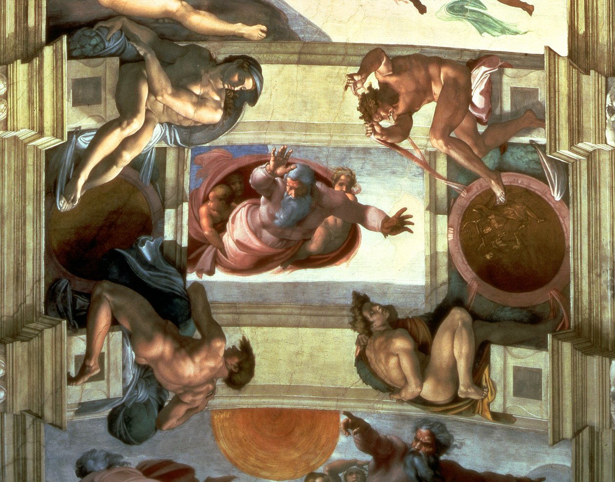 Tak i det sixtinske kapell: Gud som skiller landet fra havet, med fire Ignudi, 1510 (etter restaurering) av Michelangelo Buonarroti