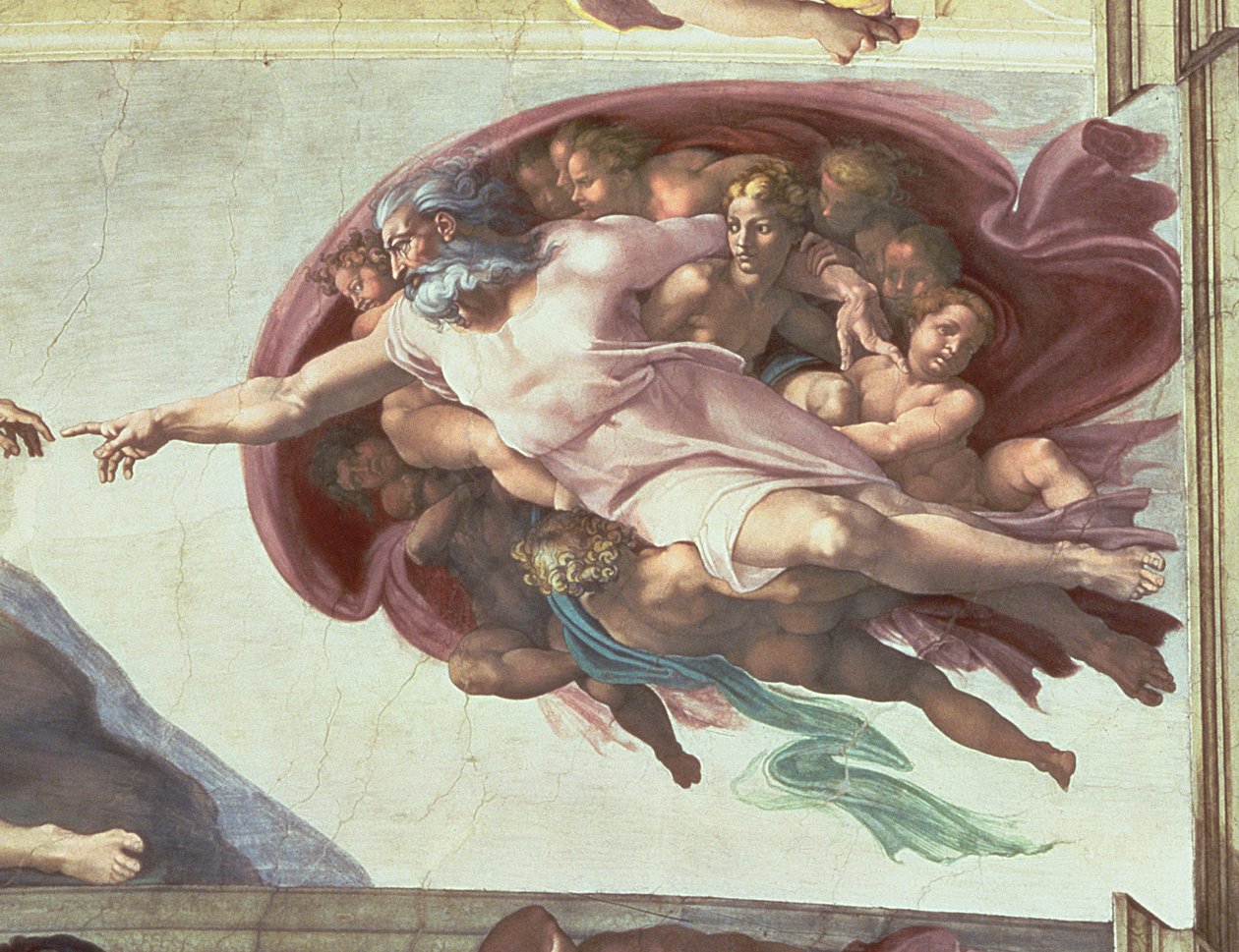 Det sixtinske kapells tak: The Creation of Adam, detalj av Gud Faderen, 1508-12 (etter restaurering) av Michelangelo Buonarroti