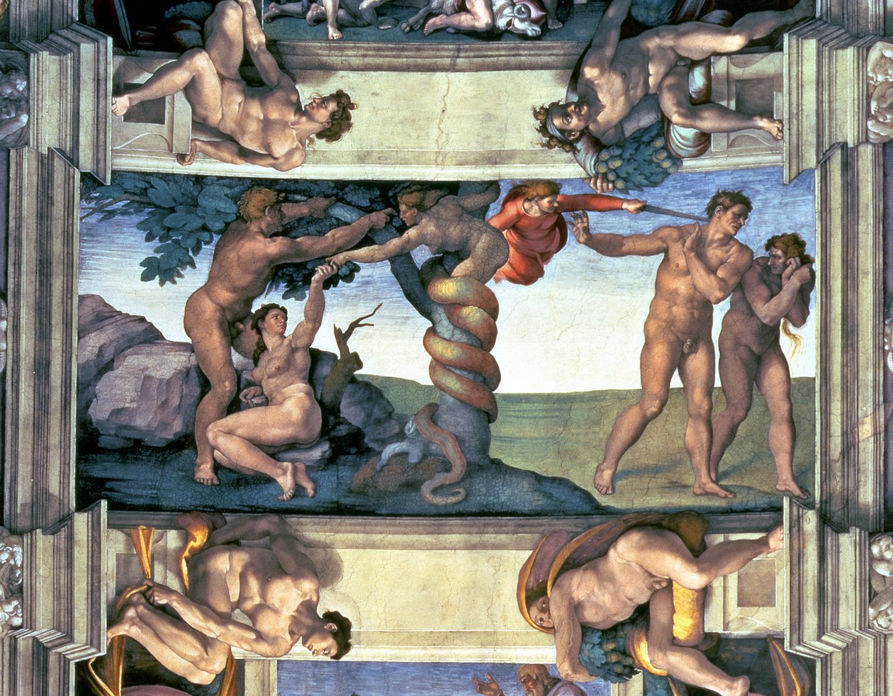 Det sixtinske kapells tak: Menneskets fall og utvisningen fra Edens hage, med fire Ignudi, 1510 (etter restaurering) av Michelangelo Buonarroti