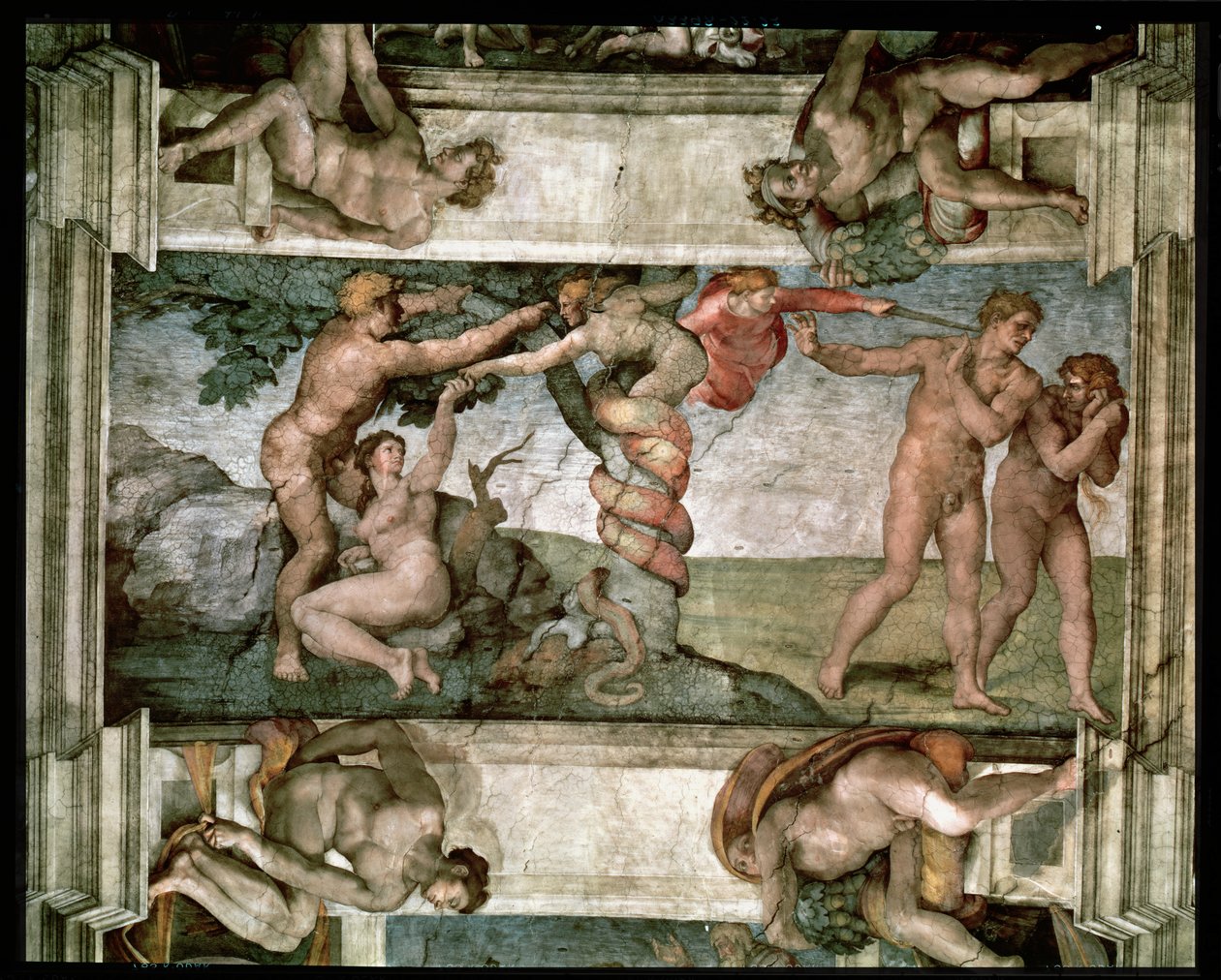 Det sixtinske kapells tak: Menneskets fall og utstøtingen fra Edens hage, med fire Ignudi, 1510 (forhåndsrestaurering) av Michelangelo Buonarroti