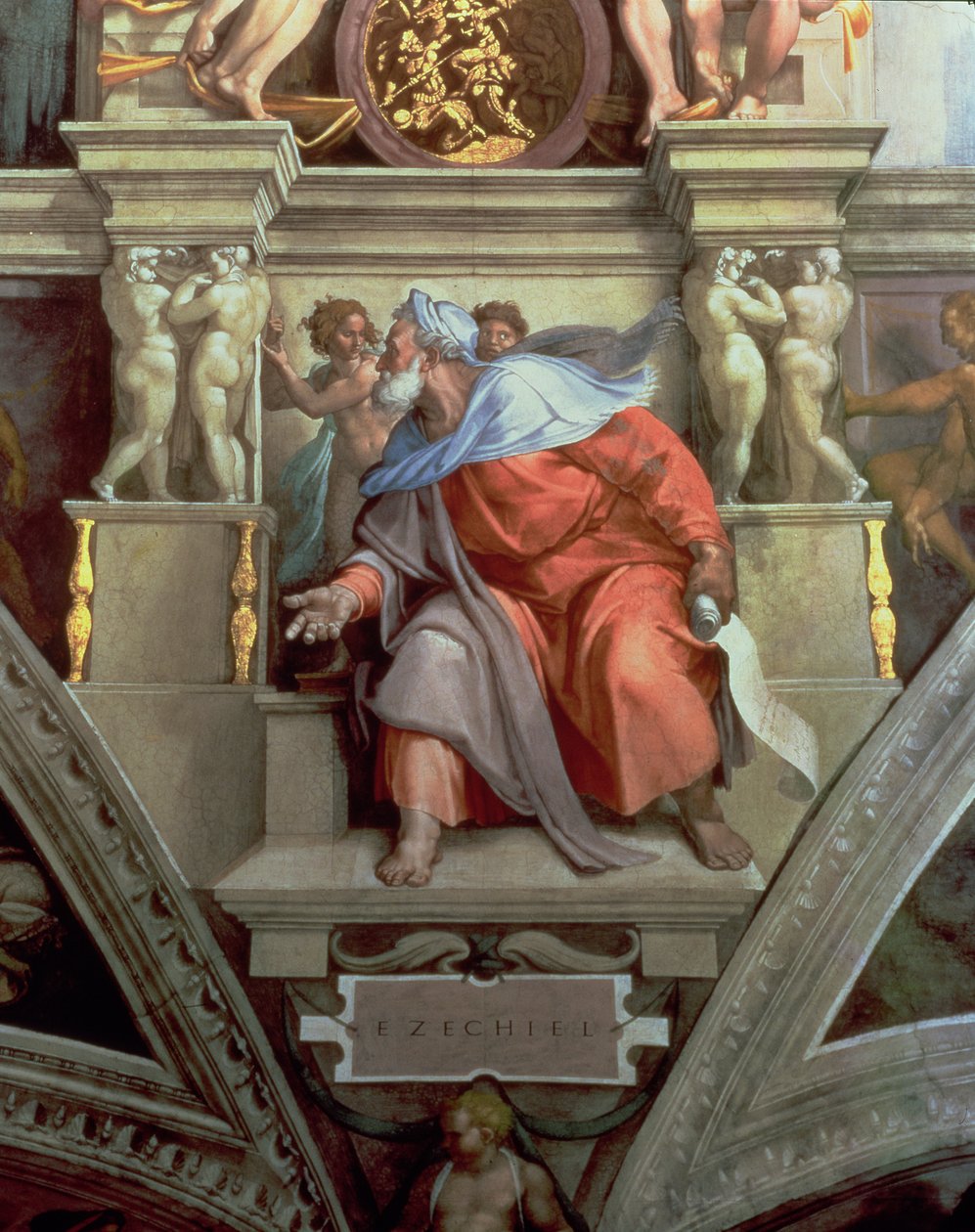 Det sixtinske kapells tak: Profeten Ezekiel, 1510 (etter restaurering) av Michelangelo Buonarroti