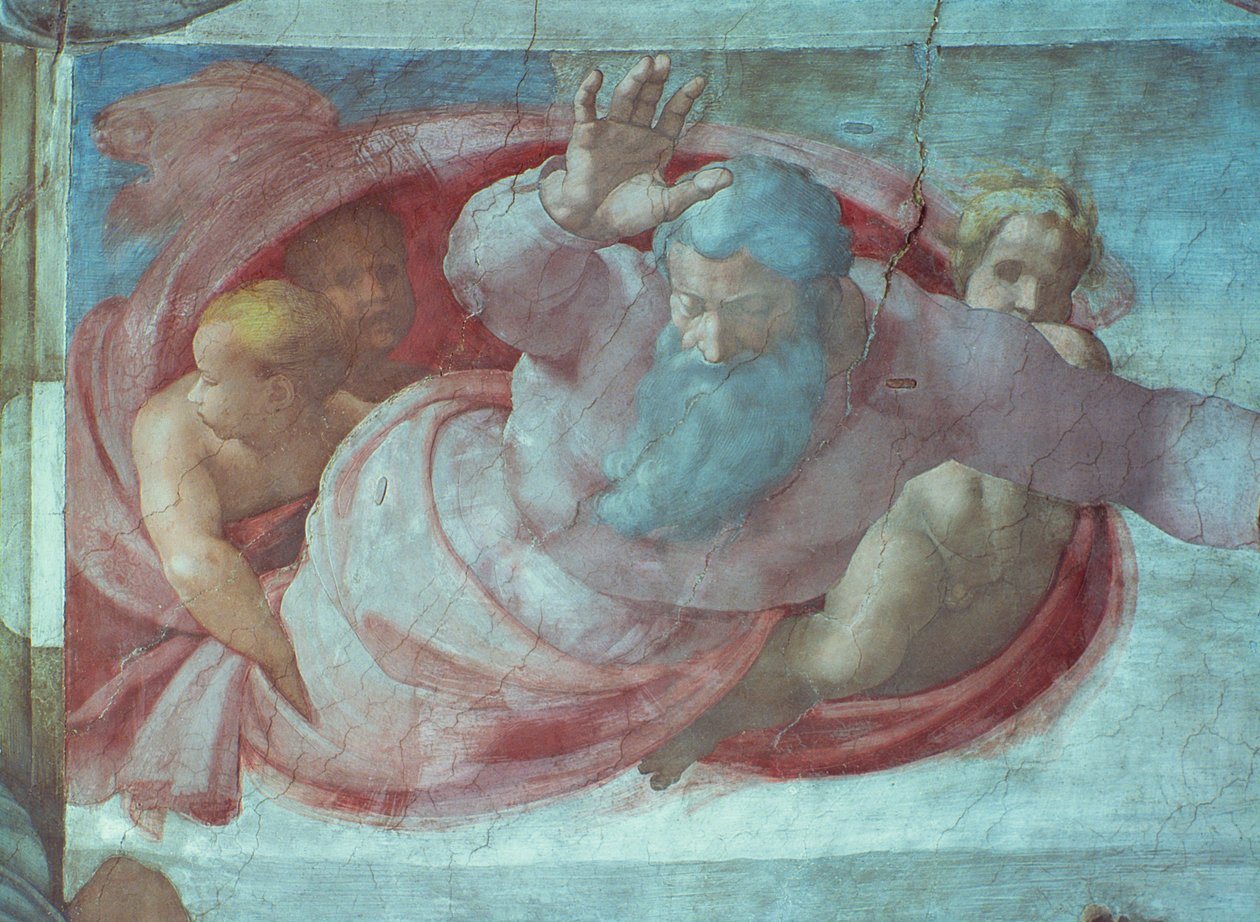 Det sixtinske kapell: God Dividing the Waters and Earth (forhåndsrestaurering) (detalj) av Michelangelo Buonarroti