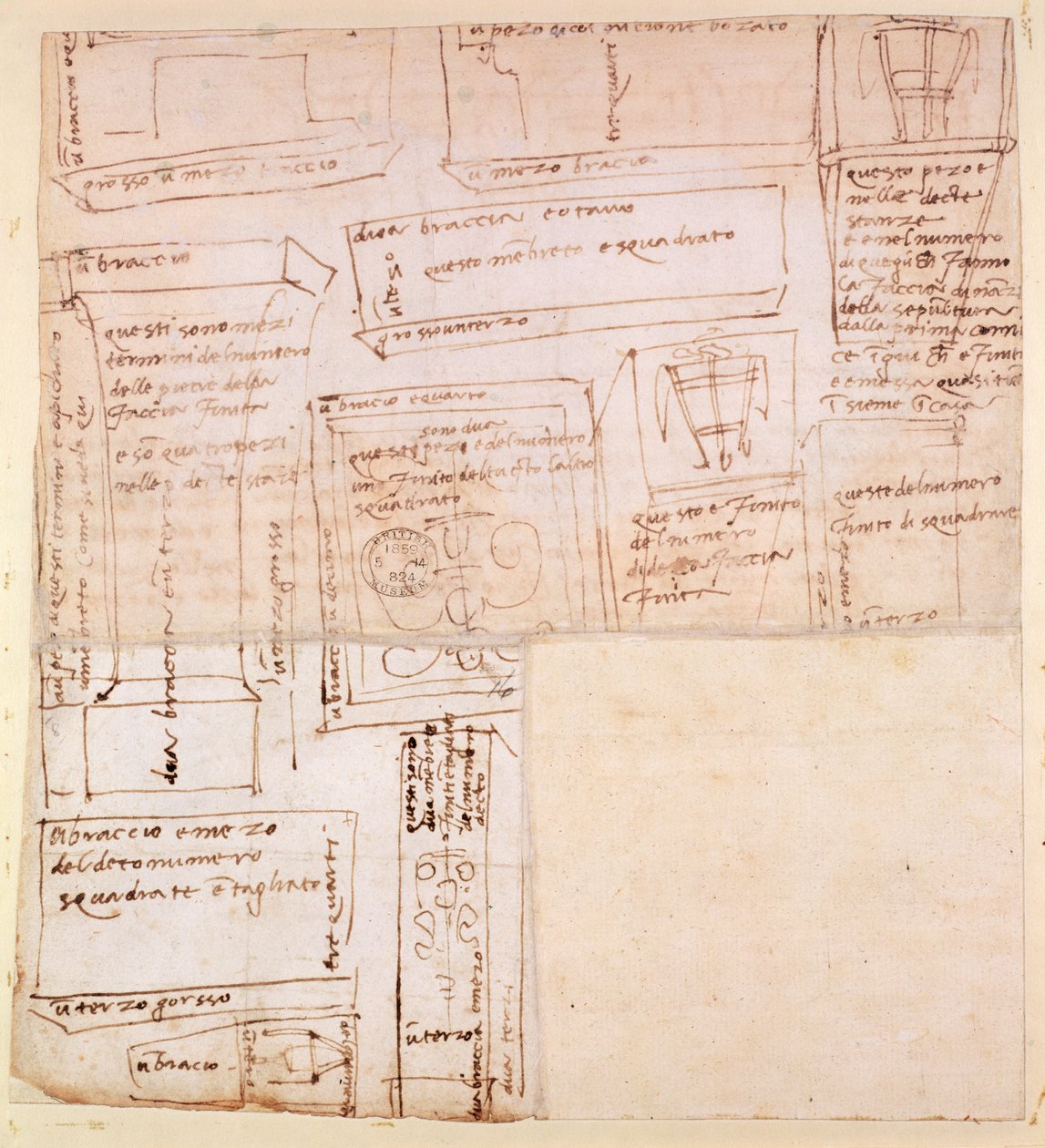 Skisse av marmorblokker for statuer med notater (brunt blekk på papir) (verso) av Michelangelo Buonarroti