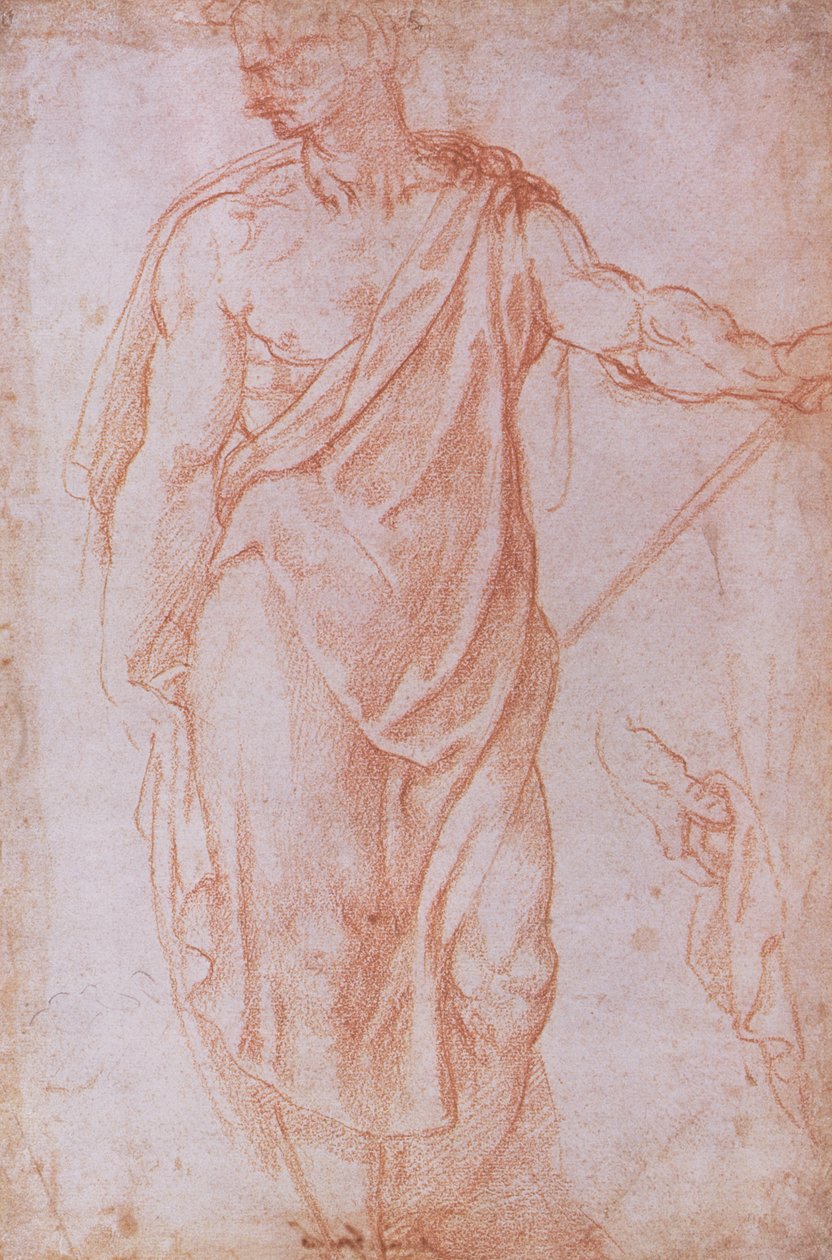 Skisse av en mann som holder en stav og en studie av en hånd (rødt kritt på papir) av Michelangelo Buonarroti