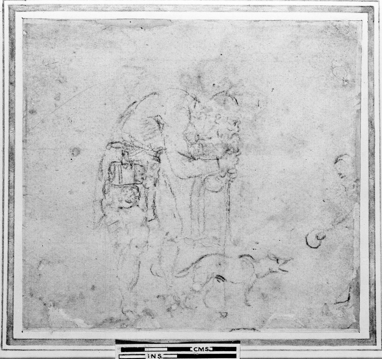 Skisse med en figur og en hund (kull på papir) av Michelangelo Buonarroti
