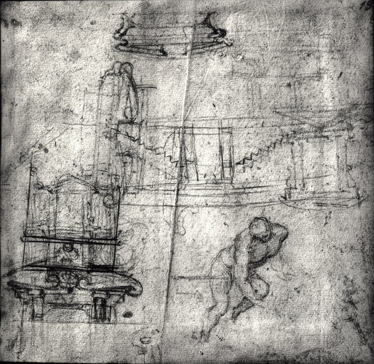 Skisse med arkitekturstudier og en mannlig nakenbilde av Michelangelo Buonarroti