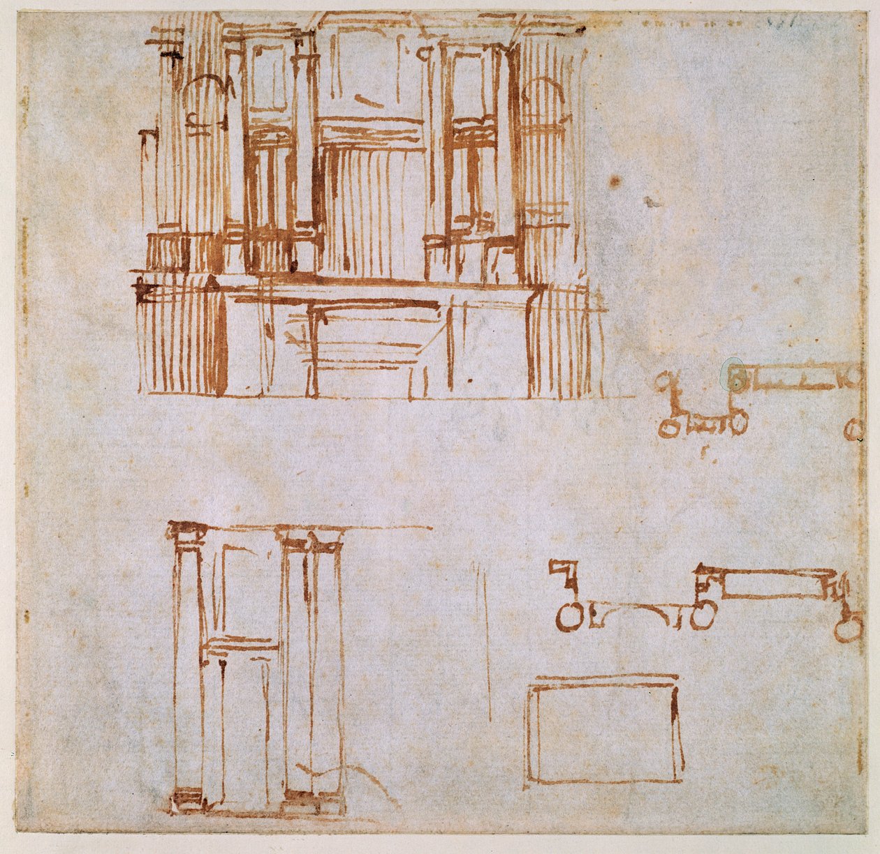 Studier for en monumental vegggrav (for gravene til Clement VII og Leo X projisert for koret i San Lorenzo, Firenze) 1525-26 (penn og brun inn på papir) (recto) (for verso se 191780) av Michelangelo Buonarroti