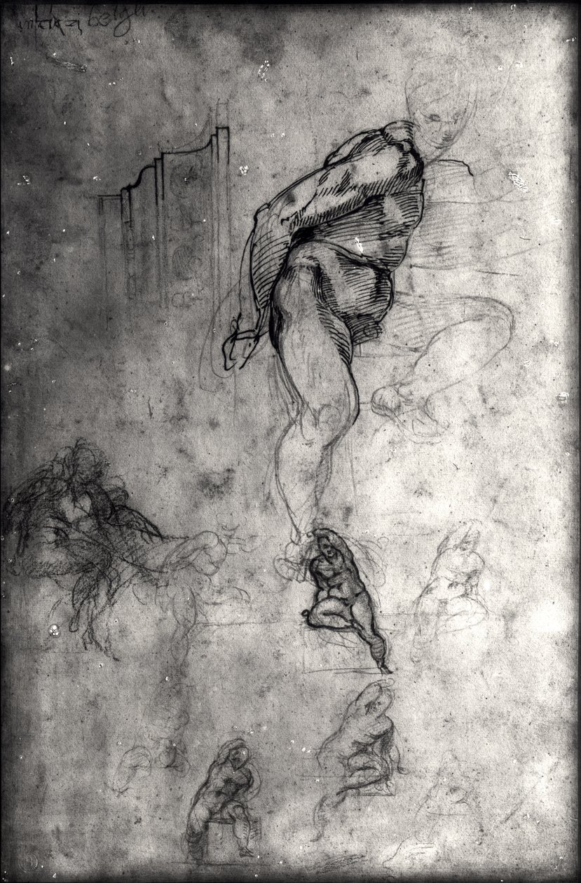 Studier for figurer i det sixtinske tak (penn og blekk og blyant på papir) av Michelangelo Buonarroti
