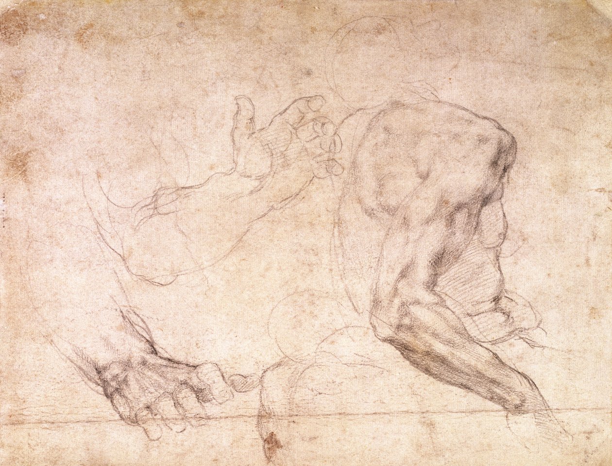 Studier av hender og en arm (svart kritt på papir) (verso) av Michelangelo Buonarroti