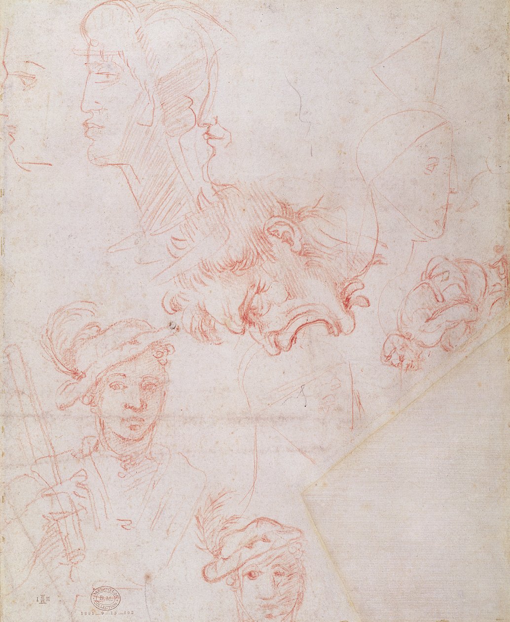 Studier av hoder, 1508-12d (rødt kritt på papir) (verso) av Michelangelo Buonarroti