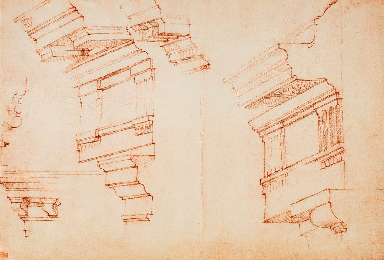 Studie for entablatur og gesims; tegning av Michelangelo. Casa Buonarroti, Firenze av Michelangelo Buonarroti