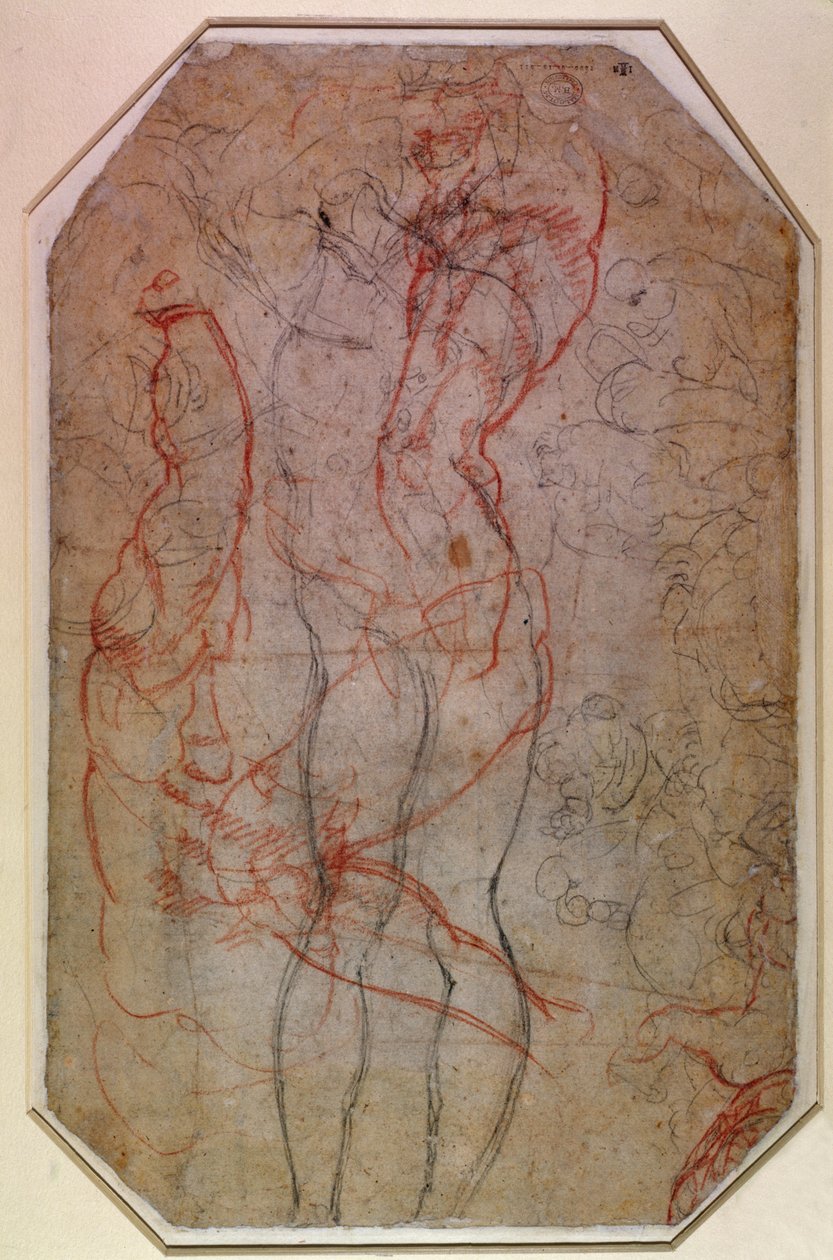Studie av figurer og skapelsen av Adam (blyant og rødt kritt på papir) (verso) av Michelangelo Buonarroti